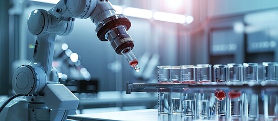 Automated process in laboratory Robot arm with test tube virus in laboratory. with copy space image. Place for adding text or design