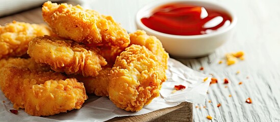 Poster - Fried crispy chicken nuggets with ketchup on white board. with copy space image. Place for adding text or design