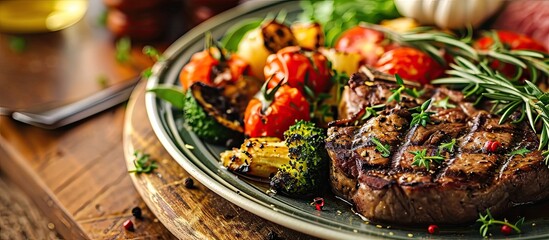 Fototapete - Beef steak with grilled vegetables served on white plate. with copy space image. Place for adding text or design
