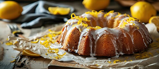 Leinwandbilder - Classic lemon pound cake with powdered sugar glaze sliced on parchment paper topped with lemon zest. with copy space image. Place for adding text or design