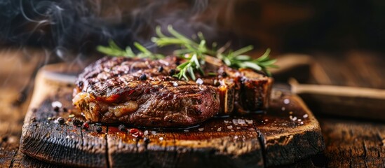 Aufkleber - Grilled ribeye beef steak served on wooden board with rosemary grilled garlic fork and knife on wooden table. with copy space image. Place for adding text or design