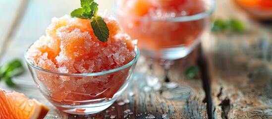 Poster - Grapefruit Granita Frozen Dessert selective focus horizontal. with copy space image. Place for adding text or design