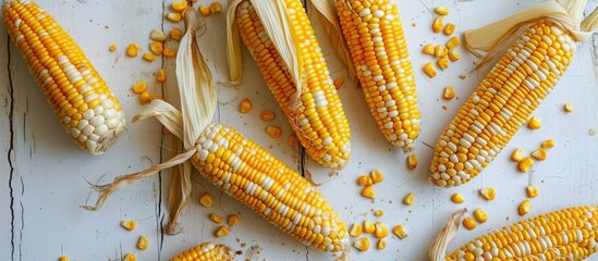 Poster - Corn for popcorn on a white background dried corn background top view. with copy space image. Place for adding text or design