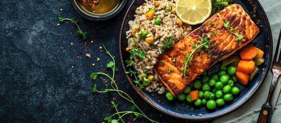 Aufkleber - Fried salmon with brown rice peas carrots and leek on a plate. with copy space image. Place for adding text or design