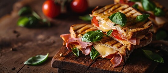 Wall Mural - Club sandwich panini with ham tomato cheese and basil. with copy space image. Place for adding text or design