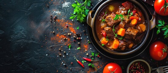 Aufkleber - Goulash soup with beef sweet pepper and potatoes Stew of meat and vegetables flavored with paprika Hungarian cuisine. with copy space image. Place for adding text or design