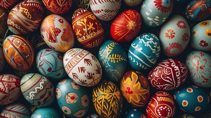 Wall Mural - Top view background of ornamental decorated easter eggs