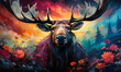 Colorful Spectrum Moose with Majestic Antlers, a Surreal Representation of Wildlife and Fantasy with a Vivid Rainbow-Hued Background