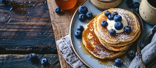 Aufkleber - Chia seed pancakes with yogurt and blueberries on plate closeup view. with copy space image. Place for adding text or design