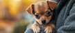 Chihuahua dog little miniature puppy on hands of unrecognisable person young woman. with copy space image. Place for adding text or design