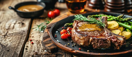 Aufkleber - A sprig of rosemary on a fresh roasted bone in ribeye steak with garlic gravy and asparagus. with copy space image. Place for adding text or design