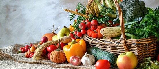 Wall Mural - Basket with assortment of fresh organic fruits and vegetables on white background. with copy space image. Place for adding text or design