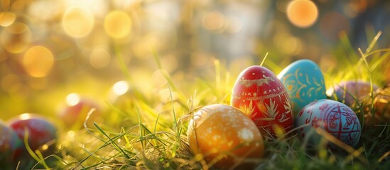 Wall Mural - Colorful decorated easter eggs on spring fresh grass with beautiful bokeh and sun flares