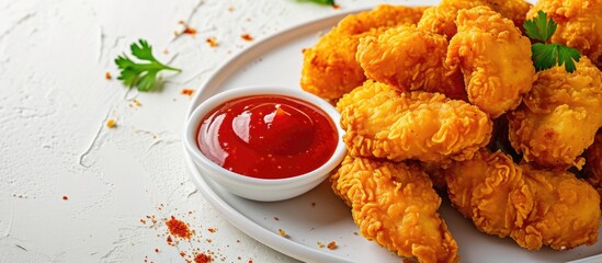 Poster - Fried crispy chicken nuggets with ketchup on white board. with copy space image. Place for adding text or design