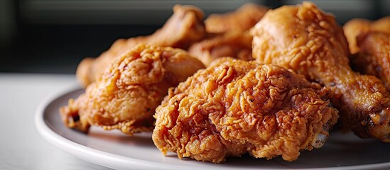 Poster - A white plate with fresh crispy fried chicken. with copy space image. Place for adding text or design
