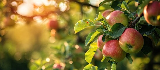 Poster - Apple orchard with an unripe harvest of green apples apple orchard with a harvest of apple fruits in the summer. with copy space image. Place for adding text or design