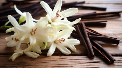 Flying vanilla sticks and orchid flowers on beige background.