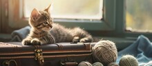 Group Of Cute Striped Kittens Basking On A Suitcase With Balls Of Yarn Near The Window. With Copy Space Image. Place For Adding Text Or Design