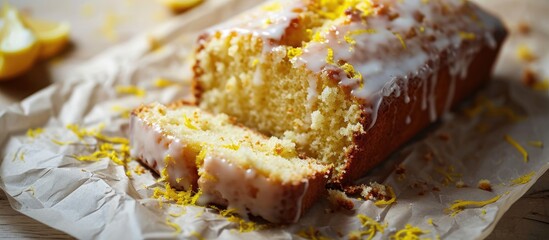 Leinwandbilder - Classic lemon pound cake with powdered sugar glaze sliced on parchment paper topped with lemon zest. with copy space image. Place for adding text or design