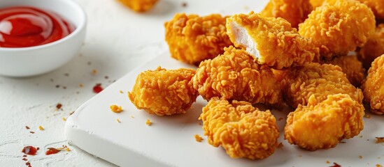 Poster - Fried crispy chicken nuggets with ketchup on white board. with copy space image. Place for adding text or design