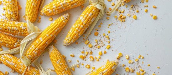 Poster - Corn for popcorn on a white background dried corn background top view. with copy space image. Place for adding text or design