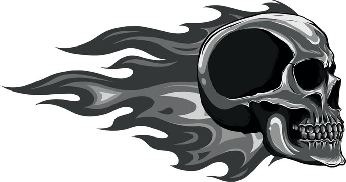 monochromatic Skull on Fire with Flames on white background. digital han draw