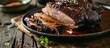 Closeup view of roasted beef brisket flat steak on a plate. with copy space image. Place for adding text or design