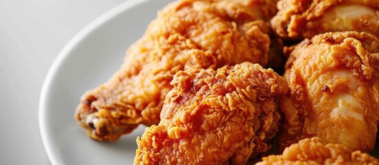 Poster - A white plate with fresh crispy fried chicken. with copy space image. Place for adding text or design