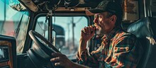 Ground Transportation Industry Theme Caucasian Trucker Driver CB Radio Talk Inside A Old Semi Truck. With Copy Space Image. Place For Adding Text Or Design