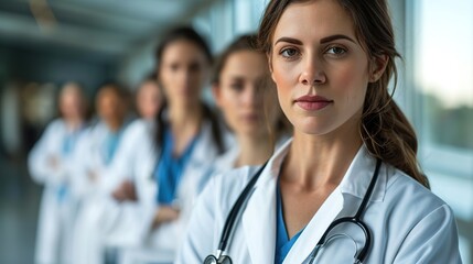 Poster - Attractive female doctor in front of medical group