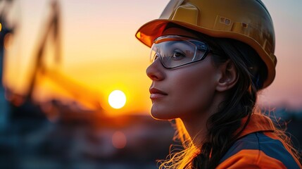 Sticker - beautiful woman civil engineer close up portrait in front of a sunset background