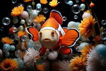 Clown Fish Illustration, White And Orange Flowers, Bubbles, Beautiful Wallpaper