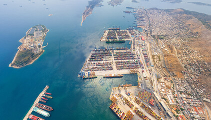 Sticker - Athens, Greece. Cargo port with containers. Summer. Aerial view
