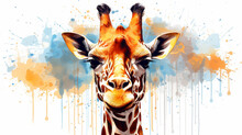 Giraffe Portrait, Watercolor Illustration On A White Background, Liquid Paint Spots, Print For Design