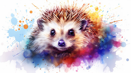 Wall Mural - Hedgehog, cute watercolor portrait isolated on a white background in the style of liquid ink spots