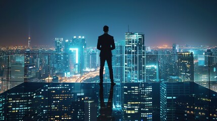 Canvas Print - Businessman standing on open roof top balcony watching city night view. Business ambition and vision concept 