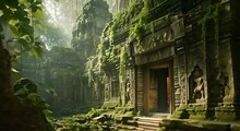 A Forgotten Temple In A Dense Forest With Vegetation And Moss. Mystery And Exploration Concept.