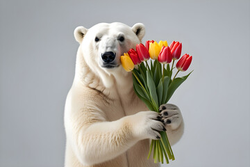 polar bear iwith a bouquet of tulips on a minimalistic background