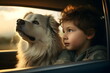 child boy and his dog looking out from car window, Generative AI