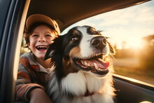 Child Boy And His Dog Looking Out From Car Window, Generative AI