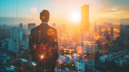 Canvas Print - Double exposure image of the businessman standing back during sunrise overlay with cityscape image.