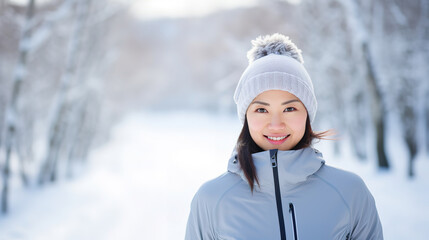 Wall Mural - Image of an asia woman in the winter with sportswear, with winter landscape bokeh in the background, with empty copy space