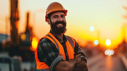 Poster - Handsome bearded man wearing worker uniform and hard hat happy face smiling with crossed arms looking at the camera. Achievement career sunset background