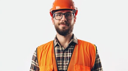 Canvas Print - Handsome smiling engineer worker, wearing security helmet glasses and vest