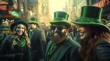 Happy People Wear Green Clothes And Green Hats. Celebrate Saint Patrick's Day