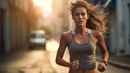 Wall Mural - young man runner start running on road