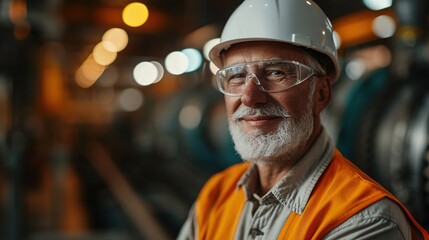 Wall Mural - Portrait of a happy caucasian white male manufacturing worker or engineer, a senior professional engineer or foreman in the workplace