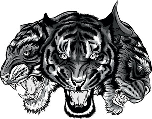 Sticker - monochromatic illustration of Set of tiger head