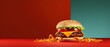big double cheese burger on vivid red background, fashionable art food photo design, Generative Ai