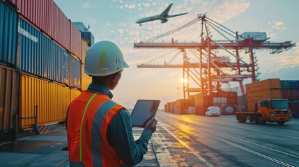 Canvas Print - logistic business owner is wearing a white safety helmet and using the digital tablet in a Cargo freight ship for import export container yard with airplane on sky background